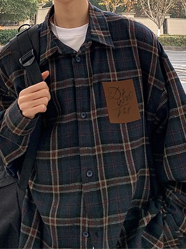 Camiseta de manga larga a cuadros de color en contraste para hombre