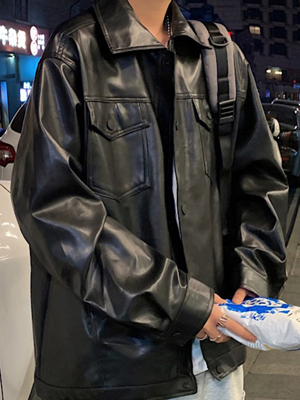 Chaqueta de moto de cuero con cuello de solapa y bolsillo con solapa vintage para hombre