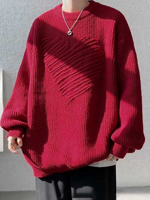 Suéter tridimensional con cuello redondo y decoración de corazones para hombre