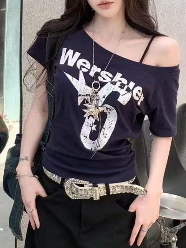 Camiseta de manga corta con hombros descubiertos estilo chica picante americana