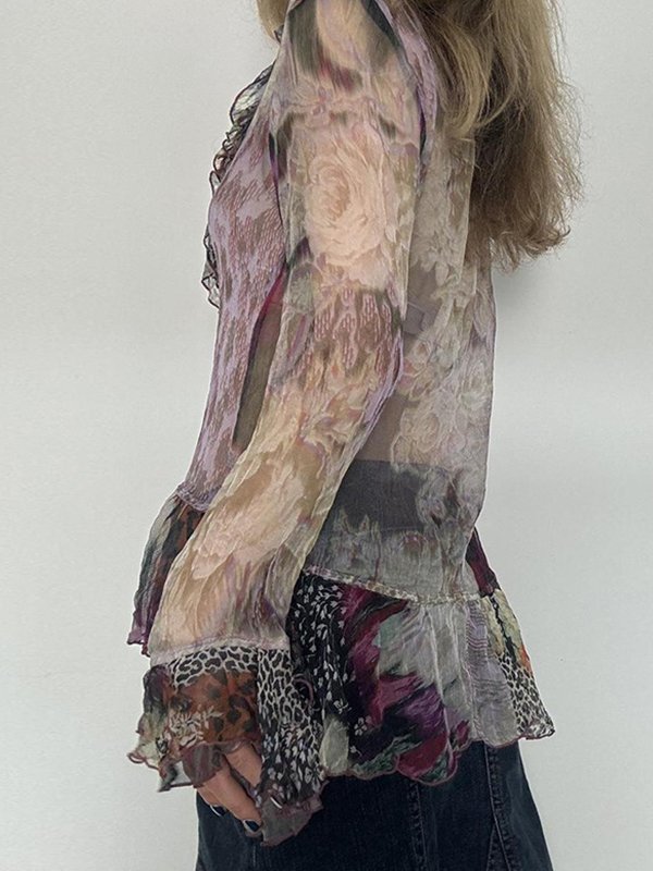 Blusa de cuello en V con ribete de encaje y manga larga acampanada