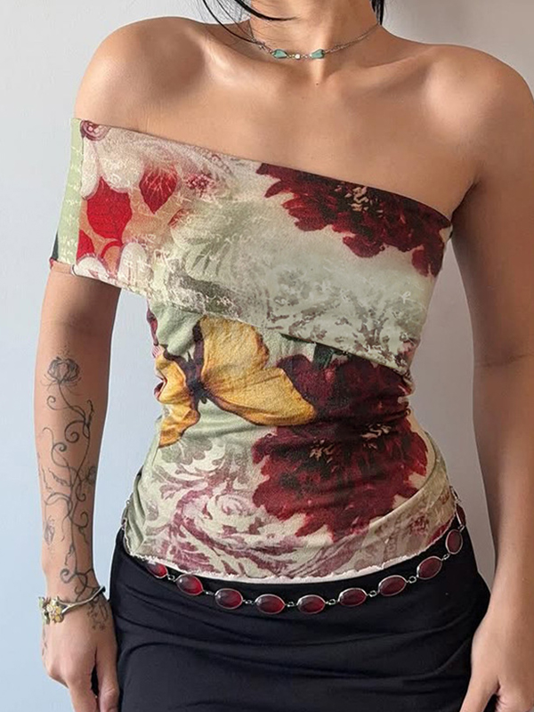 Top de tirantes con estampado vintage de un solo hombro