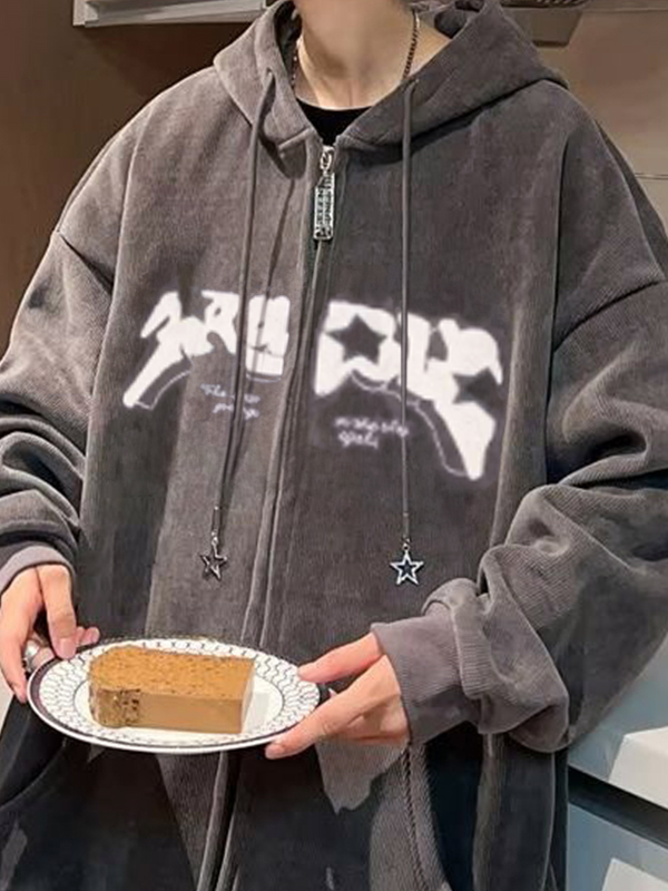 Sudadera con capucha extragrande con estampado de estrellas flocadas para hombre