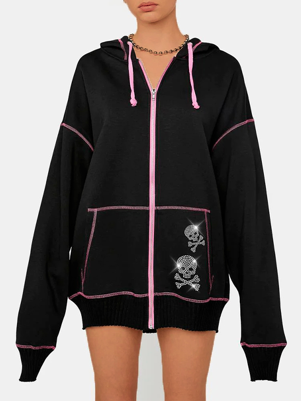 Sudadera con capucha extragrande con estampado de diamantes de imitación y calavera gótica